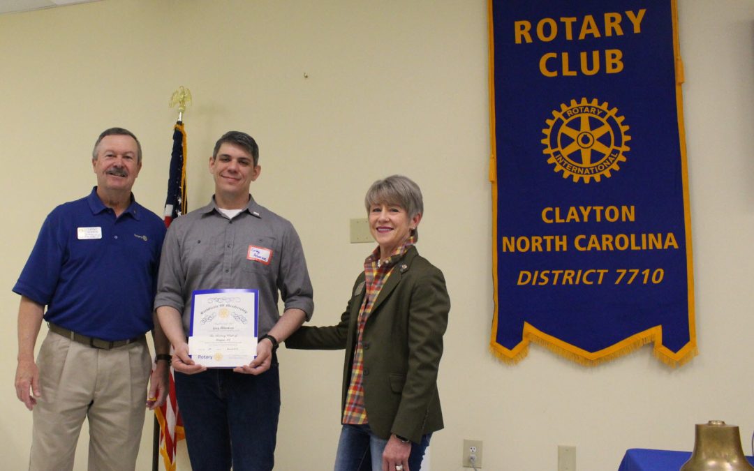 (L) to (R): PDG Leigh Hudson, Greg Adamson, Club President Tara Abernathy