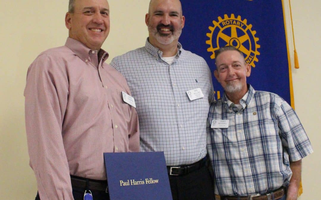 L to R-Dave Cooper-Rotary Foundation Chair Mike Mullins-President James Woodall 08.24.2023.
